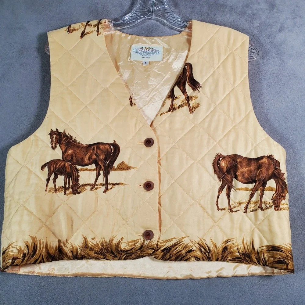 VTG Susan Bristol Vest Womens L Petite Yellow Horse Print Quilted Equestrian - Picture 1 of 8